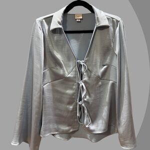 A New Day Womens Light Blue Satin Tie Up Blouse, Size Small